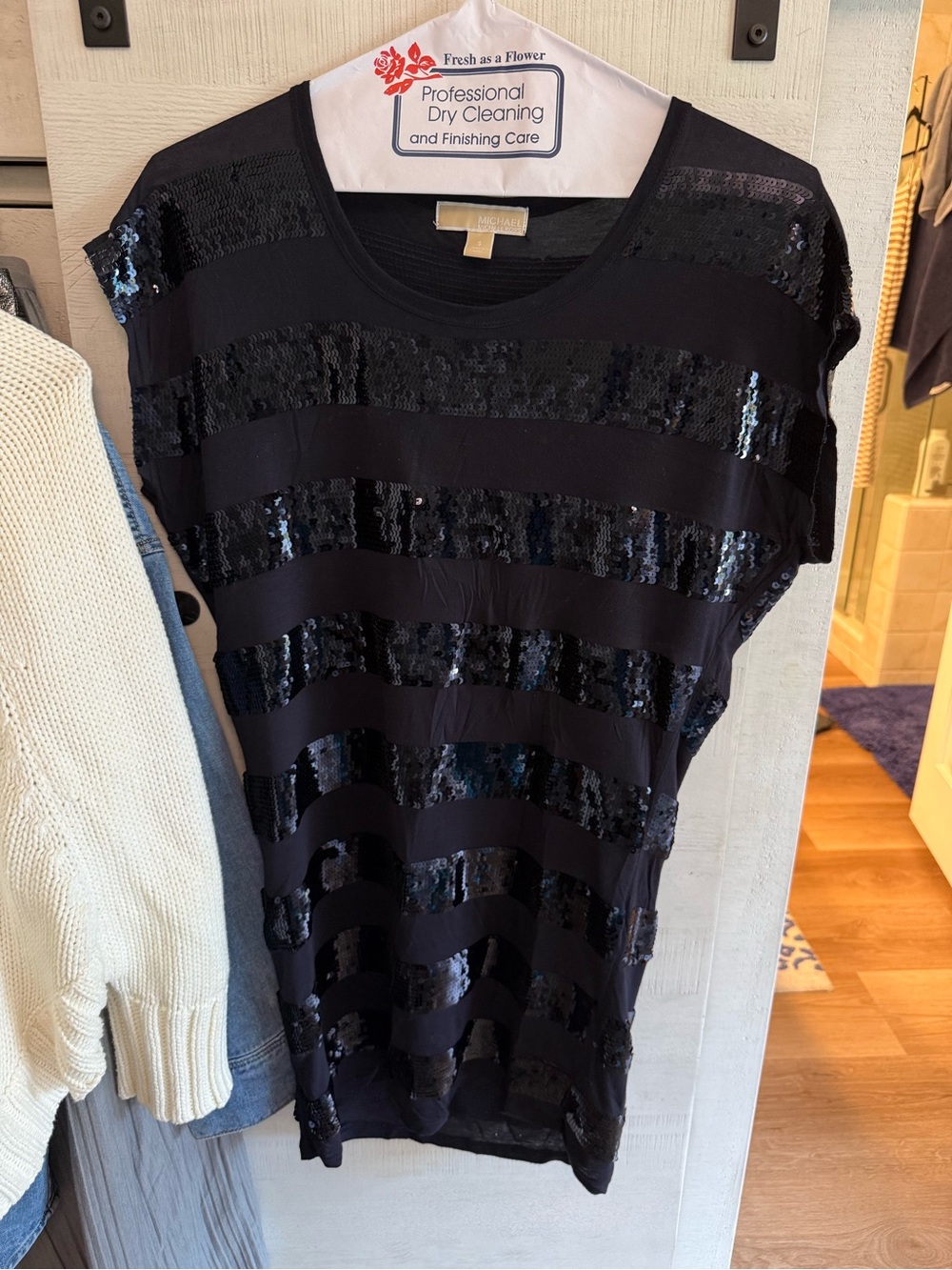 Michael Kors Black Sequin Stripe Short Sleeve Dress
